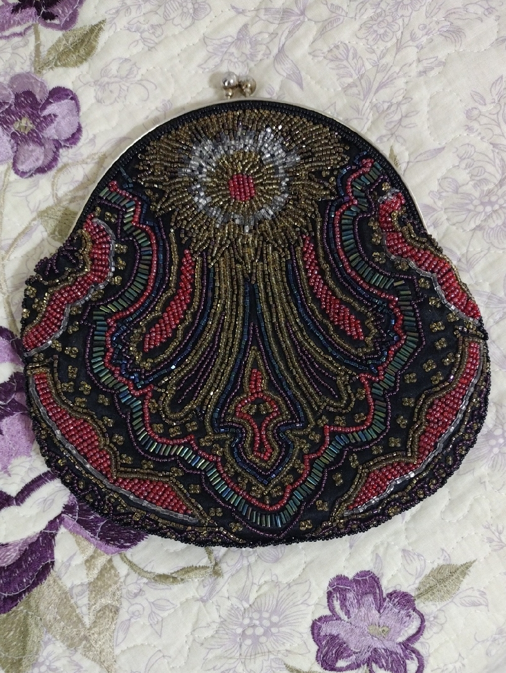 Walborg Beaded Black Evening Clutch with Multicolor Accents 1970's.